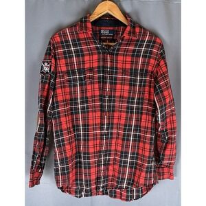 Vtg Polo Ralph Lauren Red & Black Plaid M Flannel Long Sleeve Shirt Patches